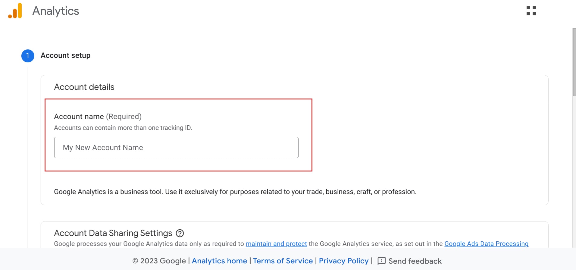 فرم وارد کردن نام حساب در Google Analytics