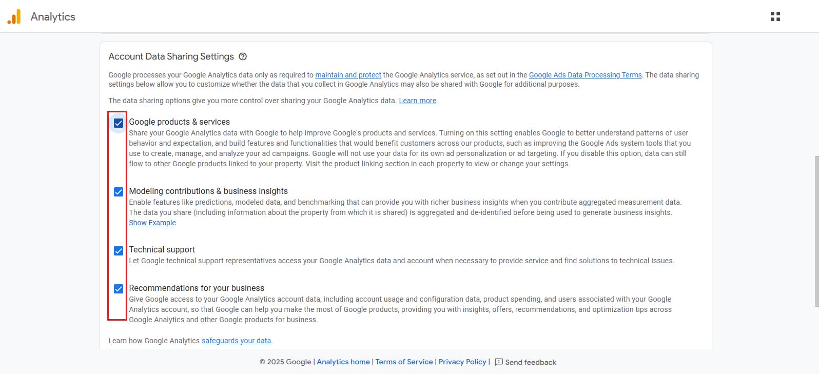 صفحه تنظیم اشتراک داده در Google Analytics