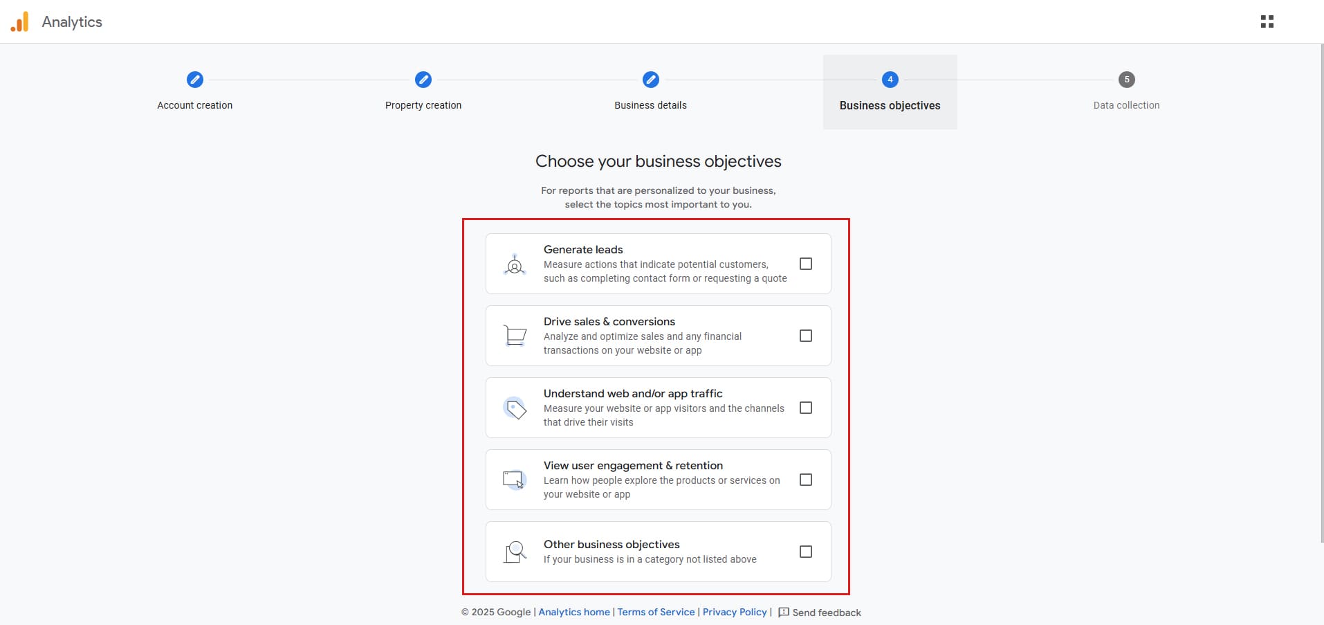 صفحه انتخاب اهداف کسب‌وکار در Google Analytics